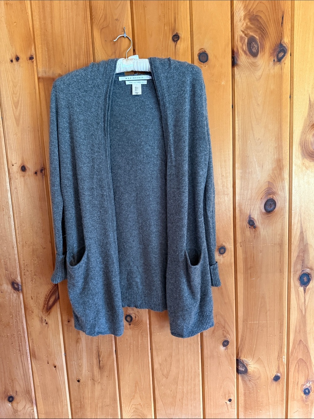 Max Studio 100% Cashmere Hooded Cardigan Sweater Duster Long Gray Sz S